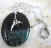 Green onyx agate druzy geode pendant with pewter dolphin