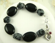 Black onyx snowflake obsidian - one red rose bracelet