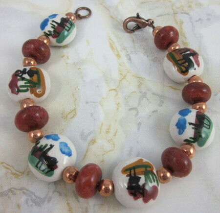 Llama bead bracelet with sponge coral and copper spacers