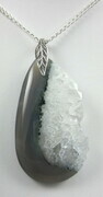Natural grey agate druzy geode pendant with a silver-plate chain
