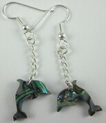 Paua shell dolphin earrings with silver-plate chain