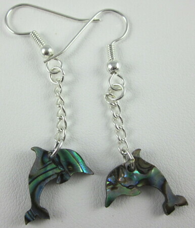 Paua shell dolphin earrings with silver-plate chain